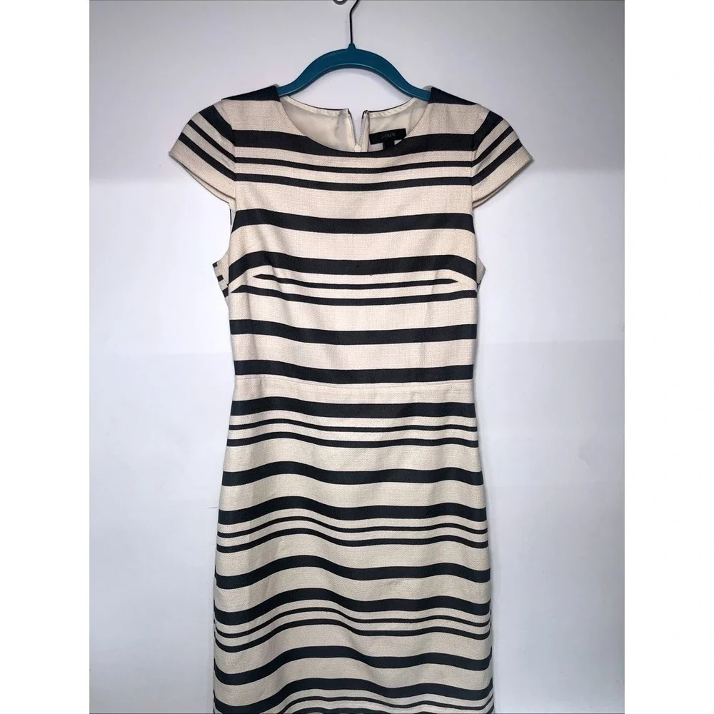 J.Crew Ivory Graphite Stripe Sheath Dress Size 2 Textured Career Chic Cap Sleeve